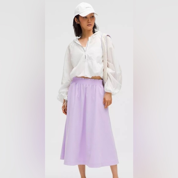 lululemon athletica Dresses & Skirts - Lululemon Lavender Frost Stretch Woven Ruffle-Waist Midi Skirt Size XL NWT
